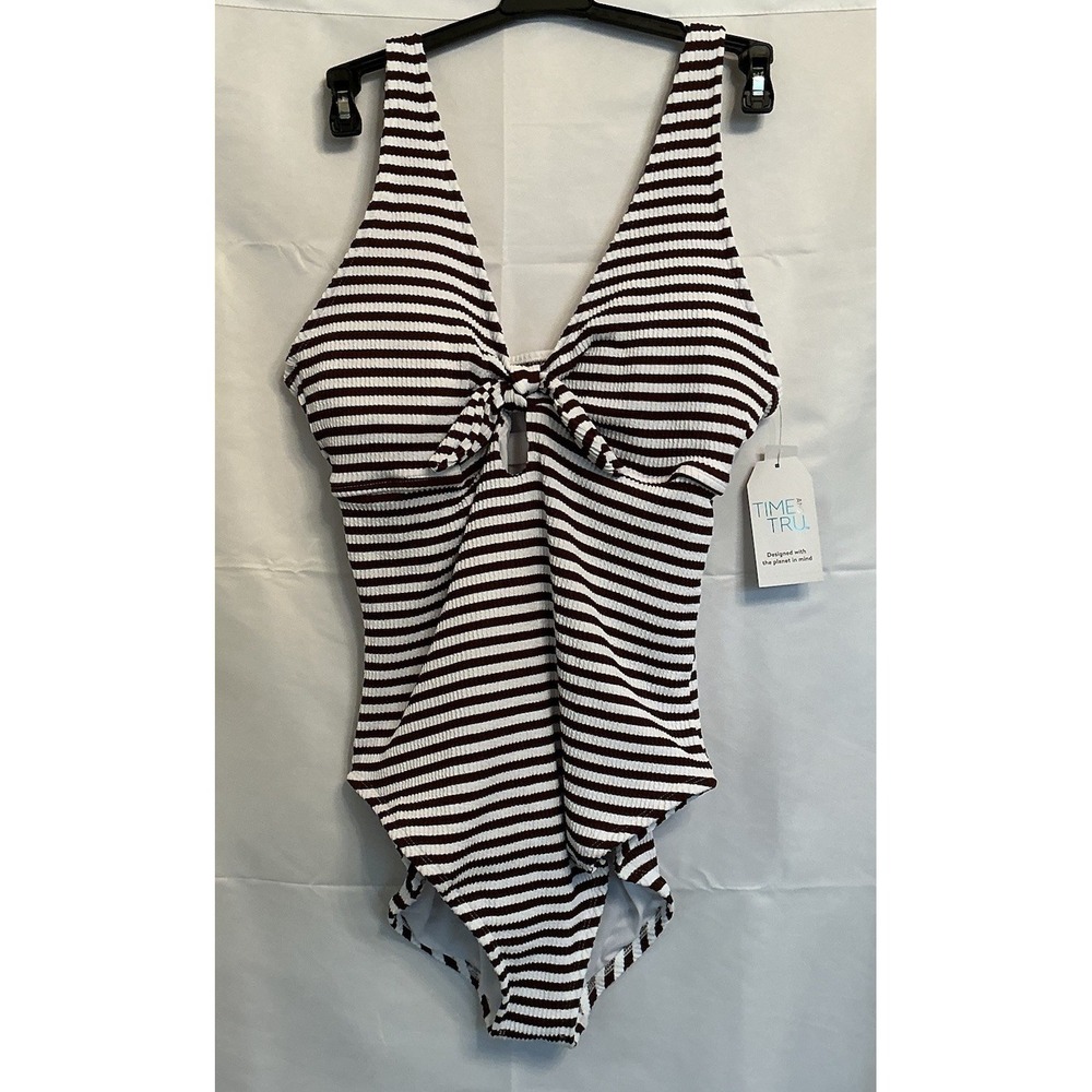 Time and Tru One Piece Swimsuit Womens Plus Sz 2X ( 20W - 22W) Brown Stripes NWT